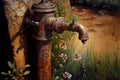 water flows from old garden tap painted with brown paint Royalty Free Stock Photo