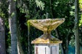 Water flows from a stone bowl of an ancient fountain_ Royalty Free Stock Photo