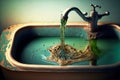 water flows from tap fouling growth in thin stream into dirty sink