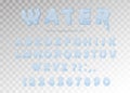 Water font design. Transparent glossy ABC letters and numbers. Vector.