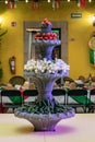 Water fountain decorated with tomatoes, spring onions and chili peppers