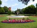 Water fountain and flower beds