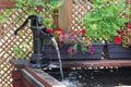 A water fountain infront of a lattice with annuals Royalty Free Stock Photo