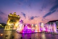 Water fountain and multi colored lightshow, at sunset,next to Patuxai monument in Vientiane, Laos