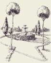 Water fountain in a park hand drawing