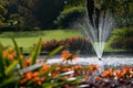 Water fountain surrounded by blooming flowers in a garden setting Royalty Free Stock Photo