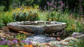 Water Fountain Surrounded by Flowers and Rocks Royalty Free Stock Photo