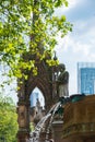 Water fountains, John Bright Statue and Albert Memorial at the Manchester Town Hall in Manchester, United Kingdom