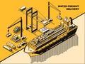 Water freight delivery, yellow isometric line art