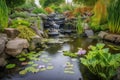 water garden with cascading waterfall, fish and aquatic plants Royalty Free Stock Photo
