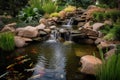 water garden with cascading waterfall, fish and aquatic plants Royalty Free Stock Photo