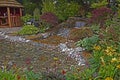 A water garden with waterfall in a woodland setting with flowers, plants and shrubs bordering a thatched summer house Royalty Free Stock Photo