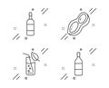 Water glass, Brandy bottle and Peanut icons set. Wine bottle sign. Soda drink, Whiskey, Vegetarian nut. Vector Royalty Free Stock Photo