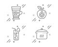 Water glass, Frappe and Medical food icons set. Boiling pan sign. Soda drink, Cold drink, Apple. Vector