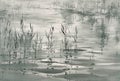Water grass with reflections in grey watercolor background