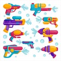 Water guns icons set. Vector flat cartoon illustration. Multicolor kids water toys for playing on summer beach Royalty Free Stock Photo