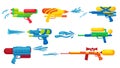 Water guns set, festival watergun toys with water splashes collection, cute kids weapon Royalty Free Stock Photo