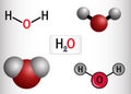 Water , H2O, HOH molecule. It is inorganic hydroxy compound, oxygen hydride consisting of an oxygen atom and two Royalty Free Stock Photo