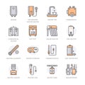 Water heater, boiler, thermostat, electric, gas, solar heaters and other house heating equipment line icons. Thin linear