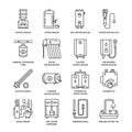 Water heater, boiler, thermostat, electric, gas, solar heaters and other house heating equipment line icons. Thin linear Royalty Free Stock Photo