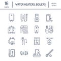 Water heater, boiler, thermostat, electric, gas, solar heaters and other house heating equipment line icons. Thin linear Royalty Free Stock Photo