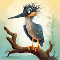 Moody Cartoon Heron On Branch Illustration