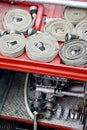 Water hoses on top of a firefighter vehicle