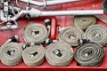 Water hoses on top of a firefighter vehicle