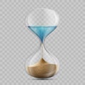 Water in hourglass becomes a sand. Sandglass isolated on transpa