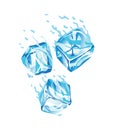 Water ice cube icon. Frozen melting water particles. Set of three translucent ice cubes in blue colors. Realistic blue