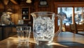 Water, Ice, Refreshment. Elegant Glass Pitcher Filled with Icy Cold Water and a Glass on a Table. Royalty Free Stock Photo