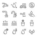 Water Icon Set. Contains such Icons as Tap, Faucet, Hot Water, No Water, Delivery and more. Expanded Stroke