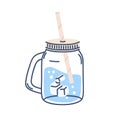 Water in jar glass with lid, handle. Clean cold fresh sparkling aqua drink with ice cubes in closed cup. Clear