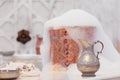 Water jar, towel and copper bowl with soap foam in turkish hamam. Traditional interior details