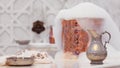 Water jar, towel and copper bowl with soap foam in turkish hamam. Traditional interior details Royalty Free Stock Photo