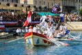 Water Jousting performance during St.Louis festival at the streets of Sete, South of France Royalty Free Stock Photo