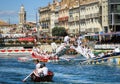 Water Jousting performance during St.Louis festival at the streets of Sete, South of France Royalty Free Stock Photo