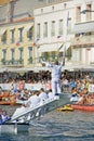 Water Jousting performance in SÃÂ¨te, Languedoc-Roussillon, south of France Royalty Free Stock Photo