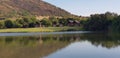 Water; lake; lodge; hills