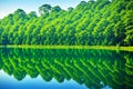 Water in lake reflective forest and beach in morning time, focus with shallow depth of field, ideal use for background.