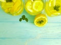 Water soda lemon sliced organic antioxidant , freshness homemade health mint summer on a blue wooden background Royalty Free Stock Photo