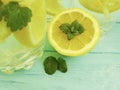 Water soda lemon citrus organic refreshment , freshness homemade health mint summer on a blue wooden background Royalty Free Stock Photo