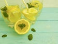 Water soda lemon citrus natural refreshment , freshness homemade health mint summer on a blue wooden background Royalty Free Stock Photo