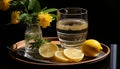 Water with lemon in clear glass. Refreshing still life. Healthy eating concept