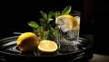 Water with lemon in clear glass. Refreshing still life. Healthy eating concept