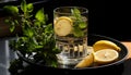 Water with lemon in clear glass. Refreshing still life. Healthy eating concept