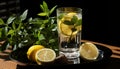 Water with lemon in clear glass. Refreshing still life. Healthy eating concept