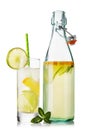 Water with a lemon and a lime in a glass and an open bottle isolated Royalty Free Stock Photo