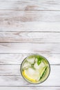 Water with lemon, mint and cucumber on wooden light background. Water Detox. Top view. Royalty Free Stock Photo