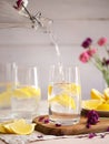 water with lemon slices, bottle pouring Royalty Free Stock Photo